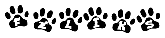 The image shows a series of animal paw prints arranged in a horizontal line. Each paw print contains a letter, and together they spell out the word Feliks.