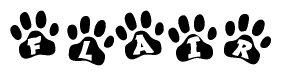 The image shows a series of animal paw prints arranged in a horizontal line. Each paw print contains a letter, and together they spell out the word Flair.