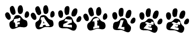 The image shows a row of animal paw prints, each containing a letter. The letters spell out the word Fazilee within the paw prints.