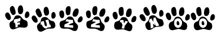 The image shows a series of animal paw prints arranged in a horizontal line. Each paw print contains a letter, and together they spell out the word Fuzzymoo.