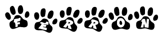 The image shows a series of animal paw prints arranged horizontally. Within each paw print, there's a letter; together they spell Ferron