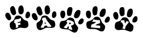 The image shows a series of animal paw prints arranged horizontally. Within each paw print, there's a letter; together they spell Farzy