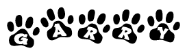 The image shows a series of animal paw prints arranged in a horizontal line. Each paw print contains a letter, and together they spell out the word Garry.