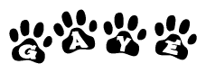 The image shows a row of animal paw prints, each containing a letter. The letters spell out the word Gaye within the paw prints.