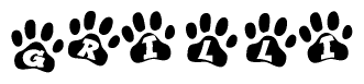 The image shows a series of animal paw prints arranged horizontally. Within each paw print, there's a letter; together they spell Grilli
