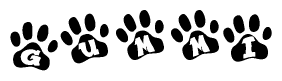 The image shows a series of animal paw prints arranged in a horizontal line. Each paw print contains a letter, and together they spell out the word Gummi.