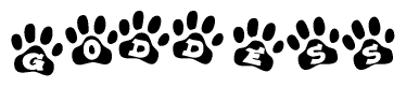 The image shows a row of animal paw prints, each containing a letter. The letters spell out the word Goddess within the paw prints.