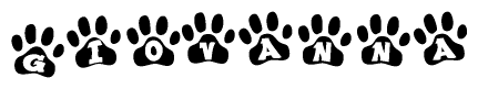 The image shows a row of animal paw prints, each containing a letter. The letters spell out the word Giovanna within the paw prints.