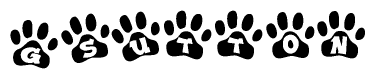 The image shows a series of animal paw prints arranged in a horizontal line. Each paw print contains a letter, and together they spell out the word Gsutton.
