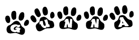 The image shows a series of animal paw prints arranged in a horizontal line. Each paw print contains a letter, and together they spell out the word Gunna.