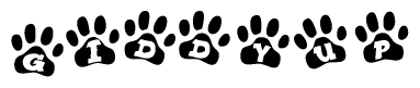 The image shows a series of animal paw prints arranged horizontally. Within each paw print, there's a letter; together they spell Giddyup