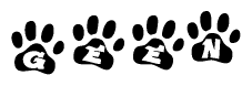 The image shows a row of animal paw prints, each containing a letter. The letters spell out the word Geen within the paw prints.