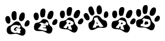 The image shows a series of animal paw prints arranged in a horizontal line. Each paw print contains a letter, and together they spell out the word Gerard.
