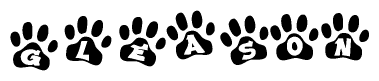 The image shows a series of animal paw prints arranged in a horizontal line. Each paw print contains a letter, and together they spell out the word Gleason.