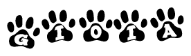The image shows a series of animal paw prints arranged horizontally. Within each paw print, there's a letter; together they spell Gioia
