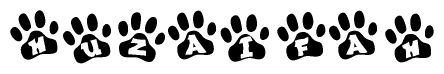 The image shows a series of animal paw prints arranged in a horizontal line. Each paw print contains a letter, and together they spell out the word Huzaifah.