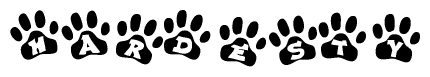The image shows a series of animal paw prints arranged in a horizontal line. Each paw print contains a letter, and together they spell out the word Hardesty.