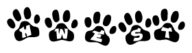 The image shows a row of animal paw prints, each containing a letter. The letters spell out the word Hwest within the paw prints.