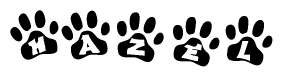 The image shows a series of animal paw prints arranged horizontally. Within each paw print, there's a letter; together they spell Hazel