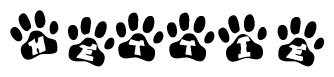 The image shows a series of animal paw prints arranged in a horizontal line. Each paw print contains a letter, and together they spell out the word Hettie.