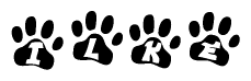 The image shows a series of animal paw prints arranged in a horizontal line. Each paw print contains a letter, and together they spell out the word Ilke.