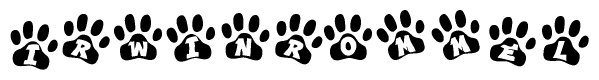 The image shows a row of animal paw prints, each containing a letter. The letters spell out the word Irwinrommel within the paw prints.