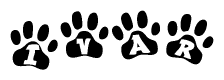 The image shows a series of animal paw prints arranged in a horizontal line. Each paw print contains a letter, and together they spell out the word Ivar.