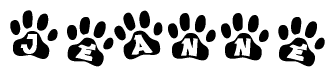 The image shows a series of animal paw prints arranged horizontally. Within each paw print, there's a letter; together they spell Jeanne