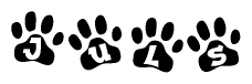The image shows a row of animal paw prints, each containing a letter. The letters spell out the word Juls within the paw prints.