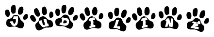 The image shows a row of animal paw prints, each containing a letter. The letters spell out the word Judiline within the paw prints.