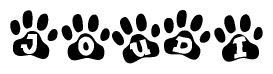   The image shows a series of animal paw prints arranged in a horizontal line. Each paw print contains a letter, and together they spell out the word Joudi. 