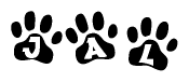 The image shows a row of animal paw prints, each containing a letter. The letters spell out the word Jal within the paw prints.