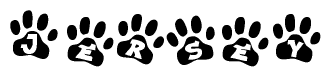The image shows a series of animal paw prints arranged in a horizontal line. Each paw print contains a letter, and together they spell out the word Jersey.