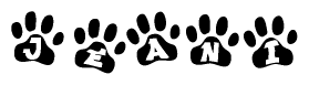 The image shows a series of animal paw prints arranged in a horizontal line. Each paw print contains a letter, and together they spell out the word Jeani.