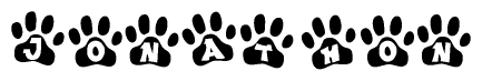 The image shows a row of animal paw prints, each containing a letter. The letters spell out the word Jonathon within the paw prints.