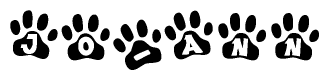 The image shows a row of animal paw prints, each containing a letter. The letters spell out the word Jo-ann within the paw prints.