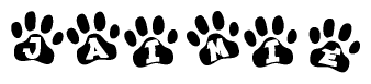The image shows a series of animal paw prints arranged horizontally. Within each paw print, there's a letter; together they spell Jaimie