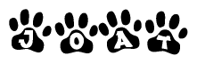 The image shows a row of animal paw prints, each containing a letter. The letters spell out the word Joat within the paw prints.