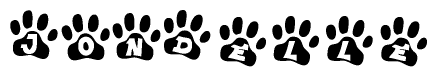 The image shows a series of animal paw prints arranged in a horizontal line. Each paw print contains a letter, and together they spell out the word Jondelle.