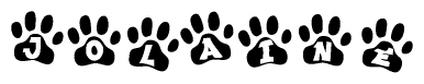 The image shows a row of animal paw prints, each containing a letter. The letters spell out the word Jolaine within the paw prints.