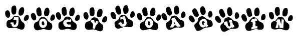 The image shows a row of animal paw prints, each containing a letter. The letters spell out the word Jocyjoaquin within the paw prints.