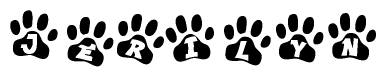 The image shows a row of animal paw prints, each containing a letter. The letters spell out the word Jerilyn within the paw prints.