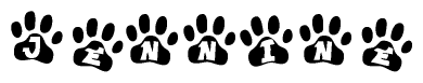 The image shows a row of animal paw prints, each containing a letter. The letters spell out the word Jennine within the paw prints.