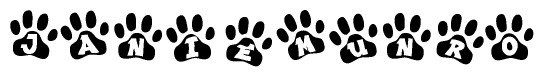 The image shows a series of animal paw prints arranged horizontally. Within each paw print, there's a letter; together they spell Janiemunro