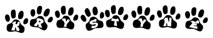   The image shows a row of animal paw prints, each containing a letter. The letters spell out the word Krystyne within the paw prints. 