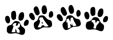 The image shows a row of animal paw prints, each containing a letter. The letters spell out the word Kamy within the paw prints.