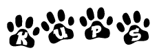 The image shows a series of animal paw prints arranged in a horizontal line. Each paw print contains a letter, and together they spell out the word Kups.