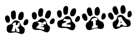 The image shows a series of animal paw prints arranged in a horizontal line. Each paw print contains a letter, and together they spell out the word Kezia.