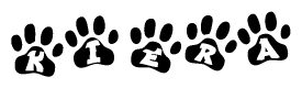 The image shows a series of animal paw prints arranged in a horizontal line. Each paw print contains a letter, and together they spell out the word Kiera.