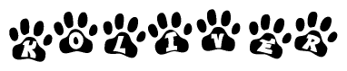 The image shows a series of animal paw prints arranged horizontally. Within each paw print, there's a letter; together they spell Koliver